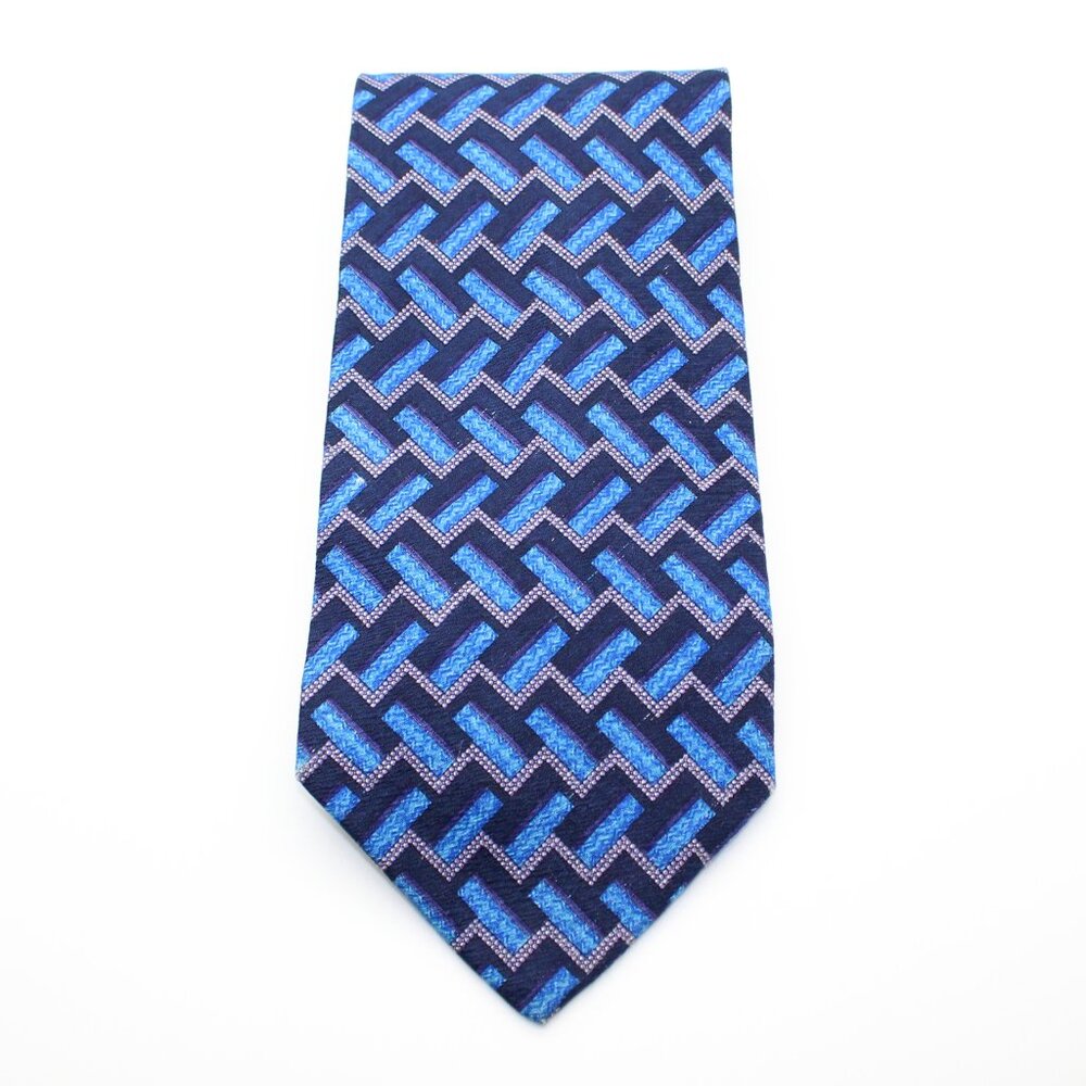VALENTINO Cravatte 100% Silk Hand Made Blue Multi-Color Geometric Neck Tie - Picture 3 of 3